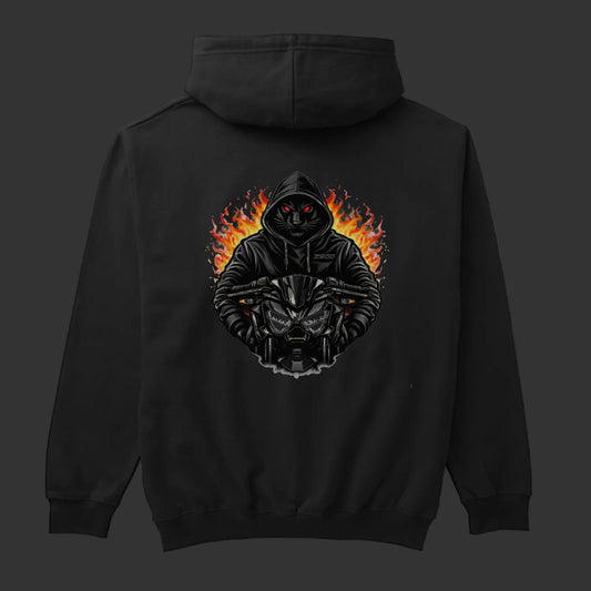 Black hoodie with a graphic design on the back against a white background