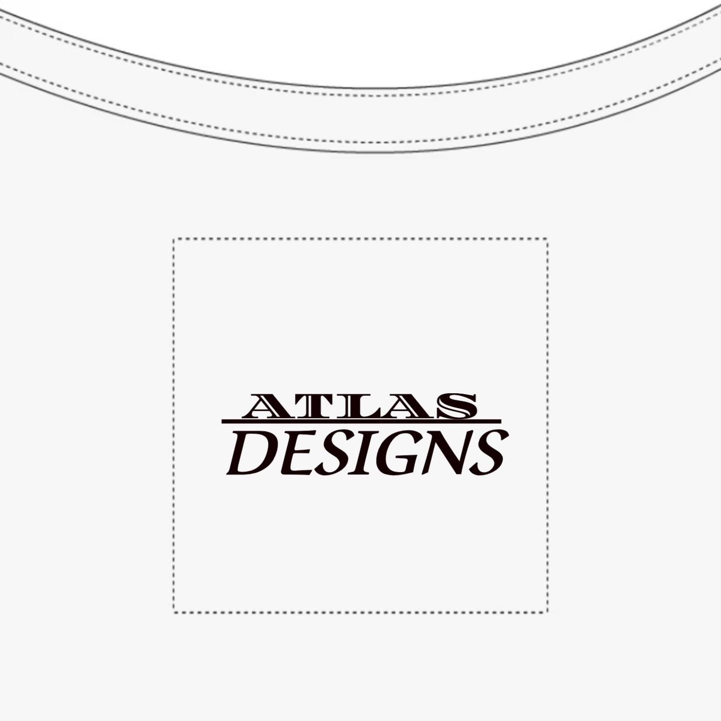White t-shirt with 'Atlas Designs' logo on a white background