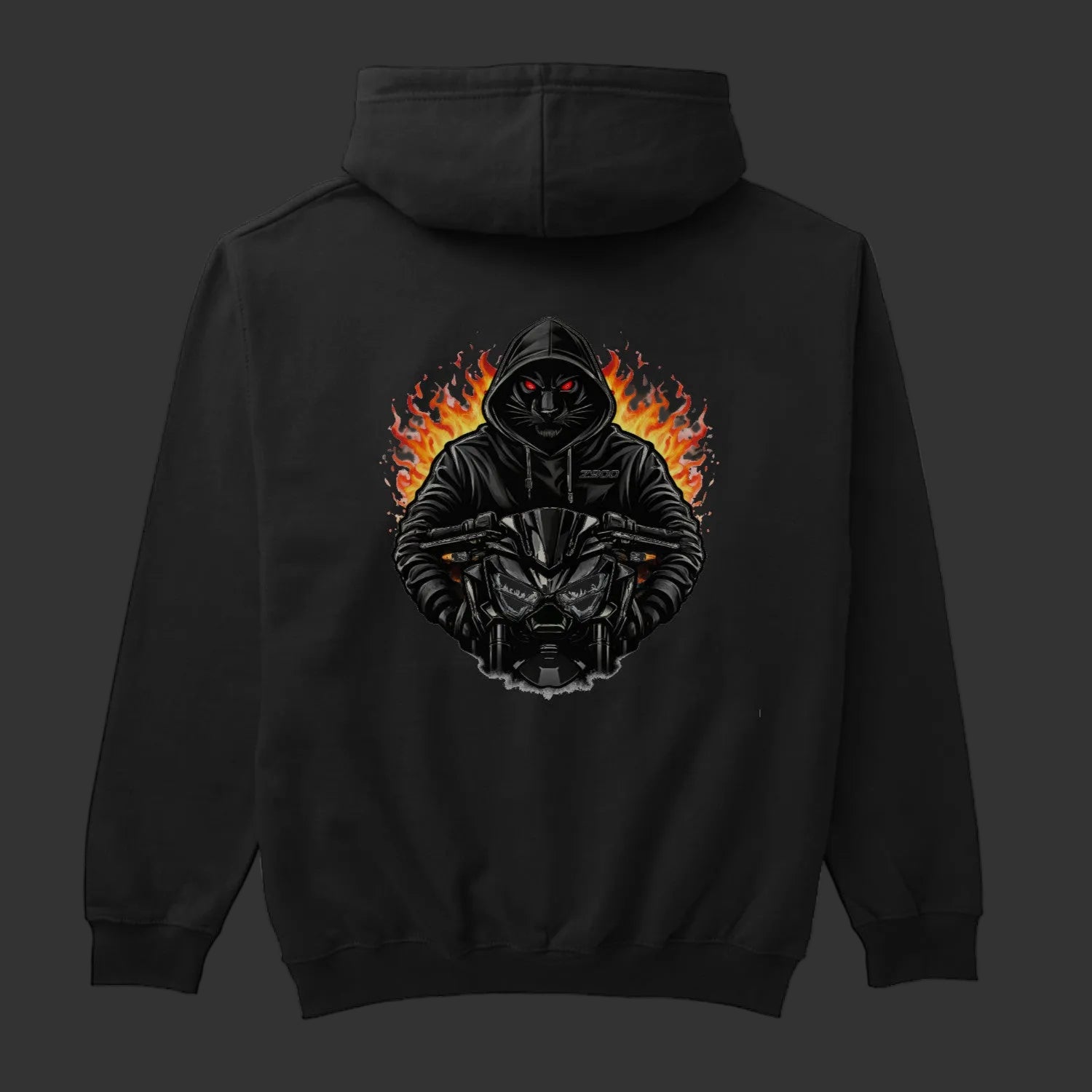 Black hoodie with a graphic design on the back against a white background