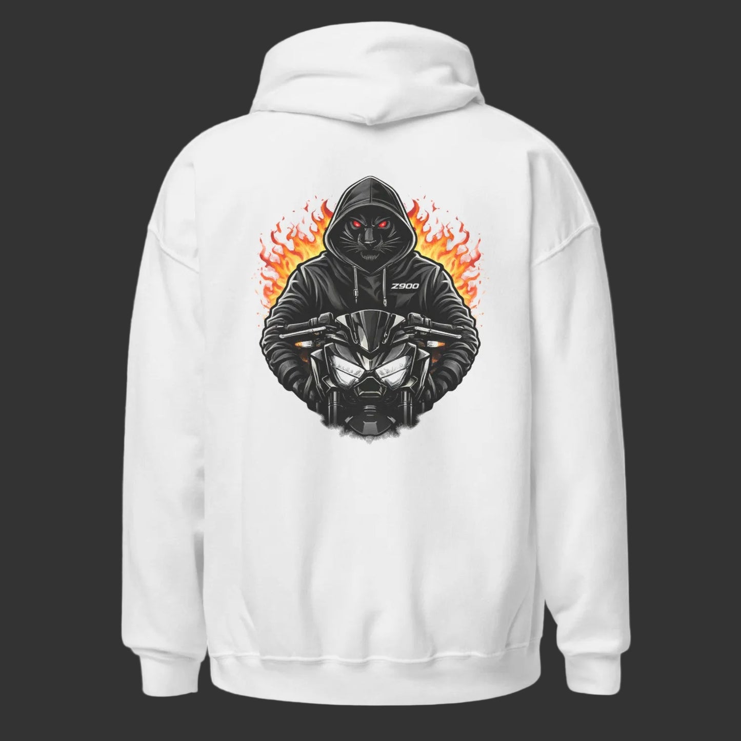 White hoodie with a black hooded figure and flames design on the back against a white background