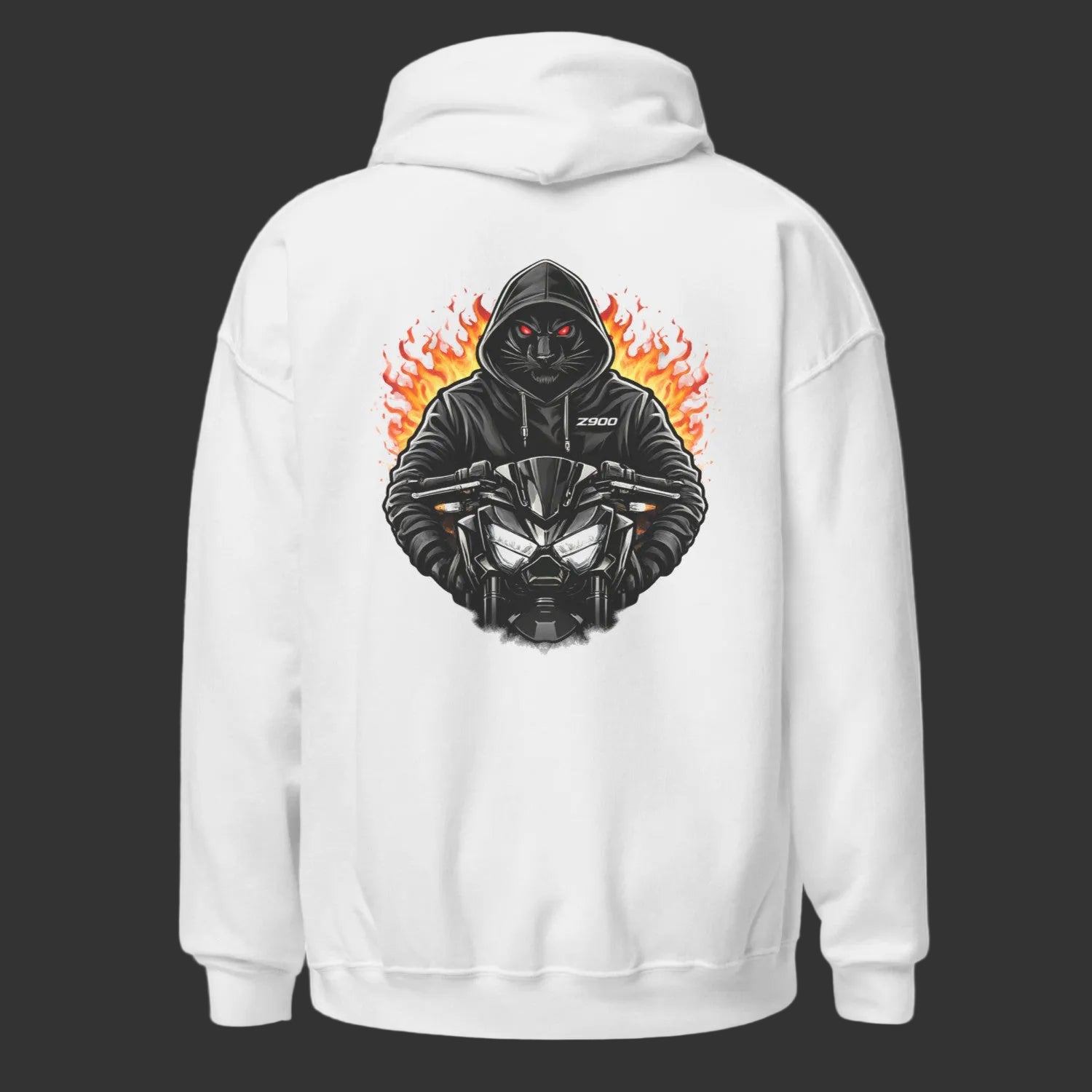 White hoodie with a black hooded figure and flames design on the back against a white background