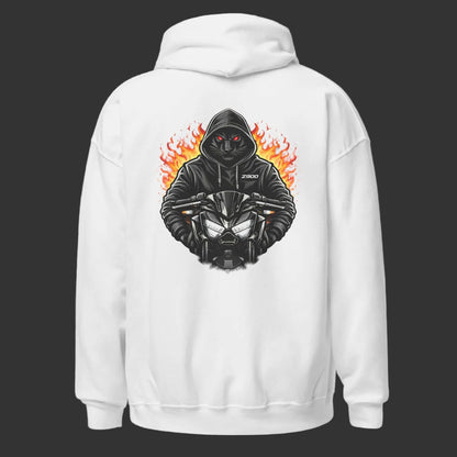 White hoodie with a black hooded figure and flames design on the back against a white background