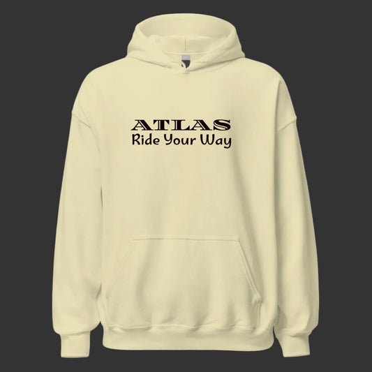 Beige hoodie with 'ATLAS Ride Your Way' text on a white background