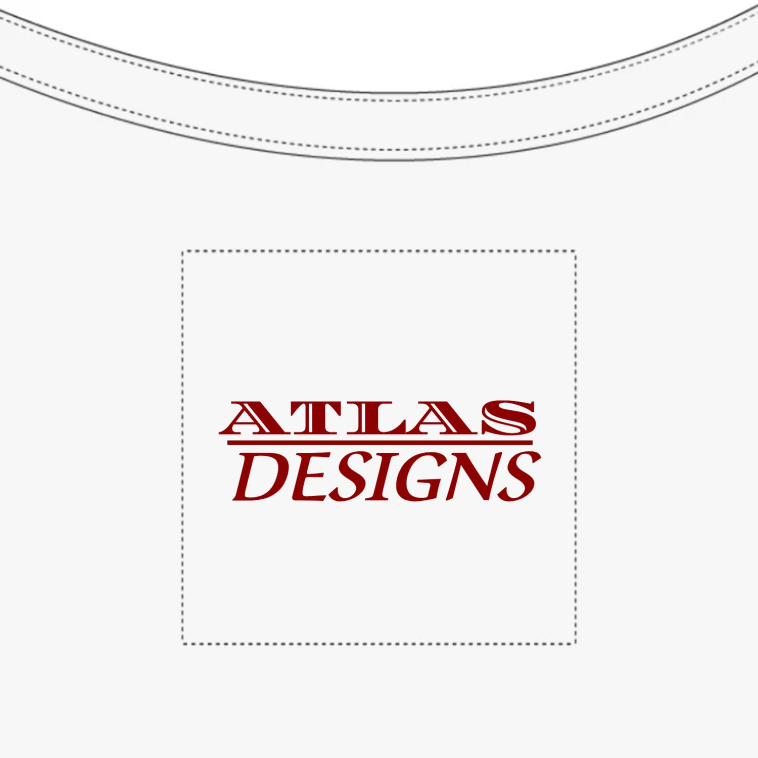 White shirt with 'Atlas Designs' logo in red on a white background