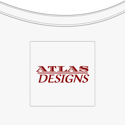 White shirt with 'Atlas Designs' logo in red on a white background