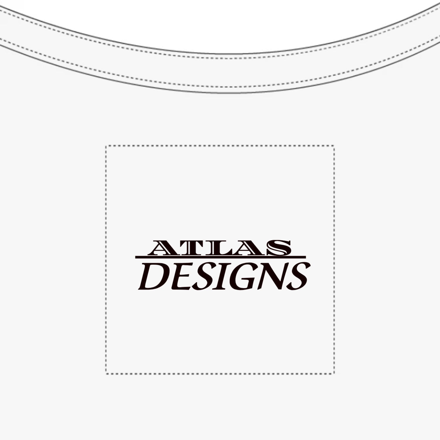 White t-shirt with 'Atlas Designs' logo on a white background