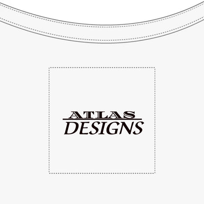 White t-shirt with 'Atlas Designs' logo on a white background
