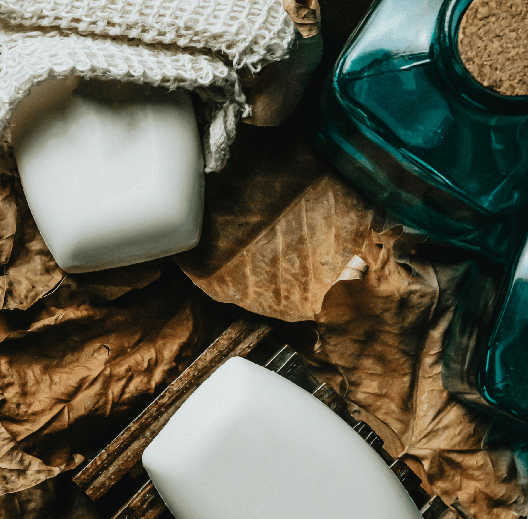 Two (Sample) Coconut Bar Soap bars made with organic coconut oil, a knitted washcloth, a green glass jar with cork lid, and dried leaves are artfully arranged in a rustic, natural setting.