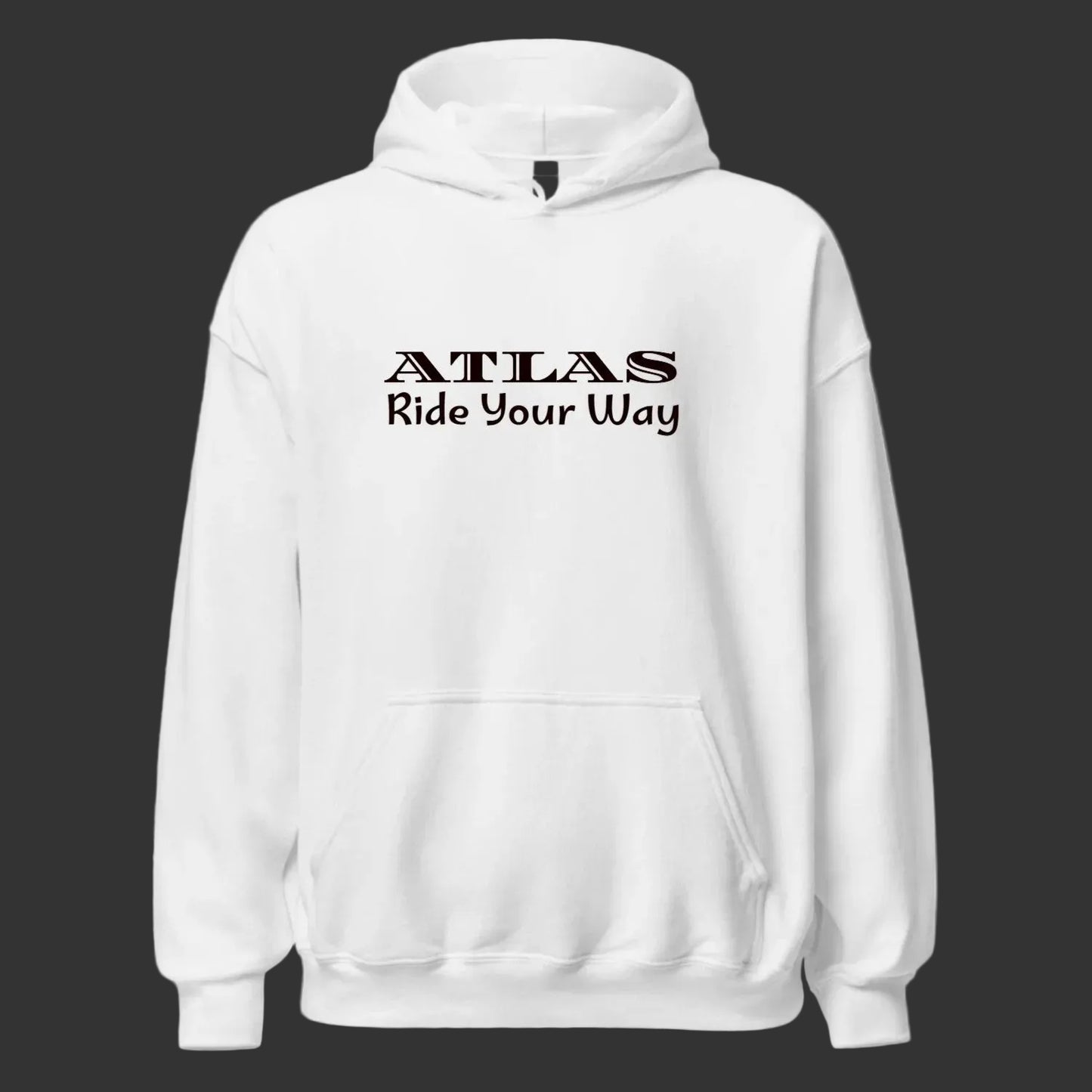 White hoodie with 'ATLAS Ride Your Way' text on a white background
