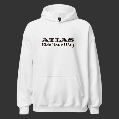 White hoodie with 'ATLAS Ride Your Way' text on a white background
