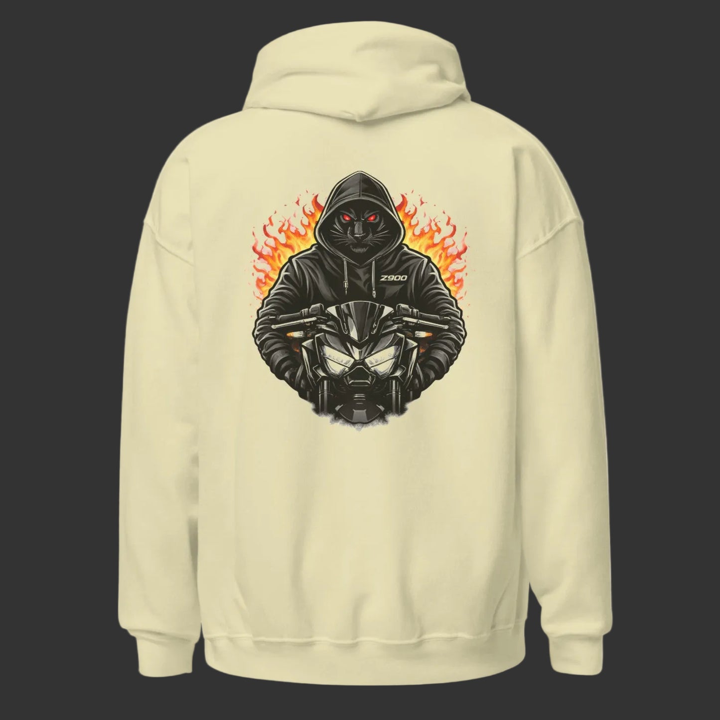 Beige hoodie with a graphic design on the back featuring a hooded figure and flames.