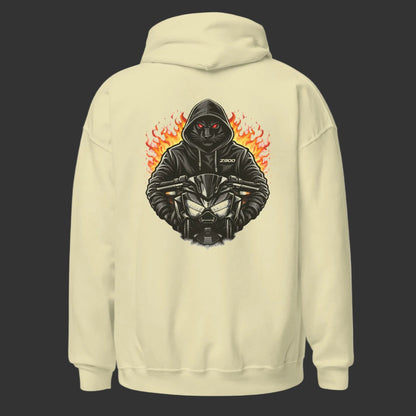 Beige hoodie with a graphic design on the back featuring a hooded figure and flames.