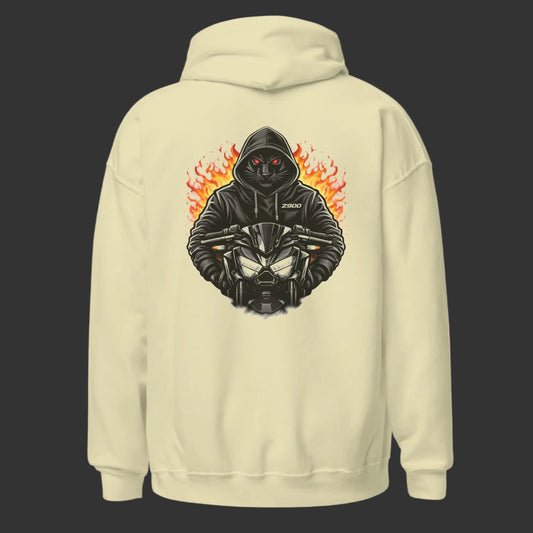 Beige hoodie with a graphic design on the back featuring a hooded figure and flames.