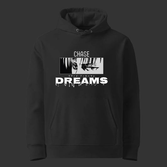 Black hoodie with 'Chase Dreams' graphic design on a white background
