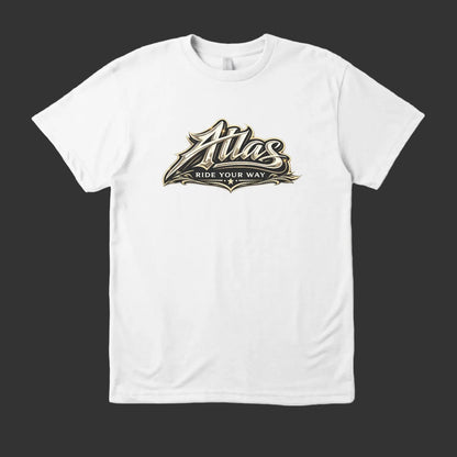 White t-shirt with 'Atlas Ride Your Way' logo on a white background