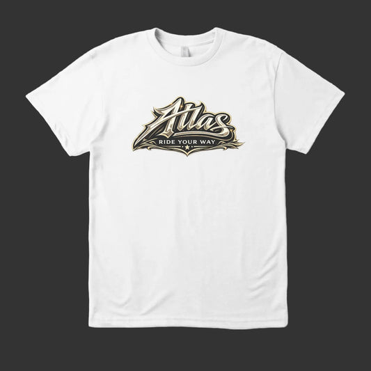 White t-shirt with 'Atlas Ride Your Way' logo on a white background