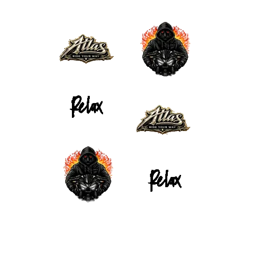 Set of pins with hooded figures and 'Atlas' and 'Relax' text on a white background