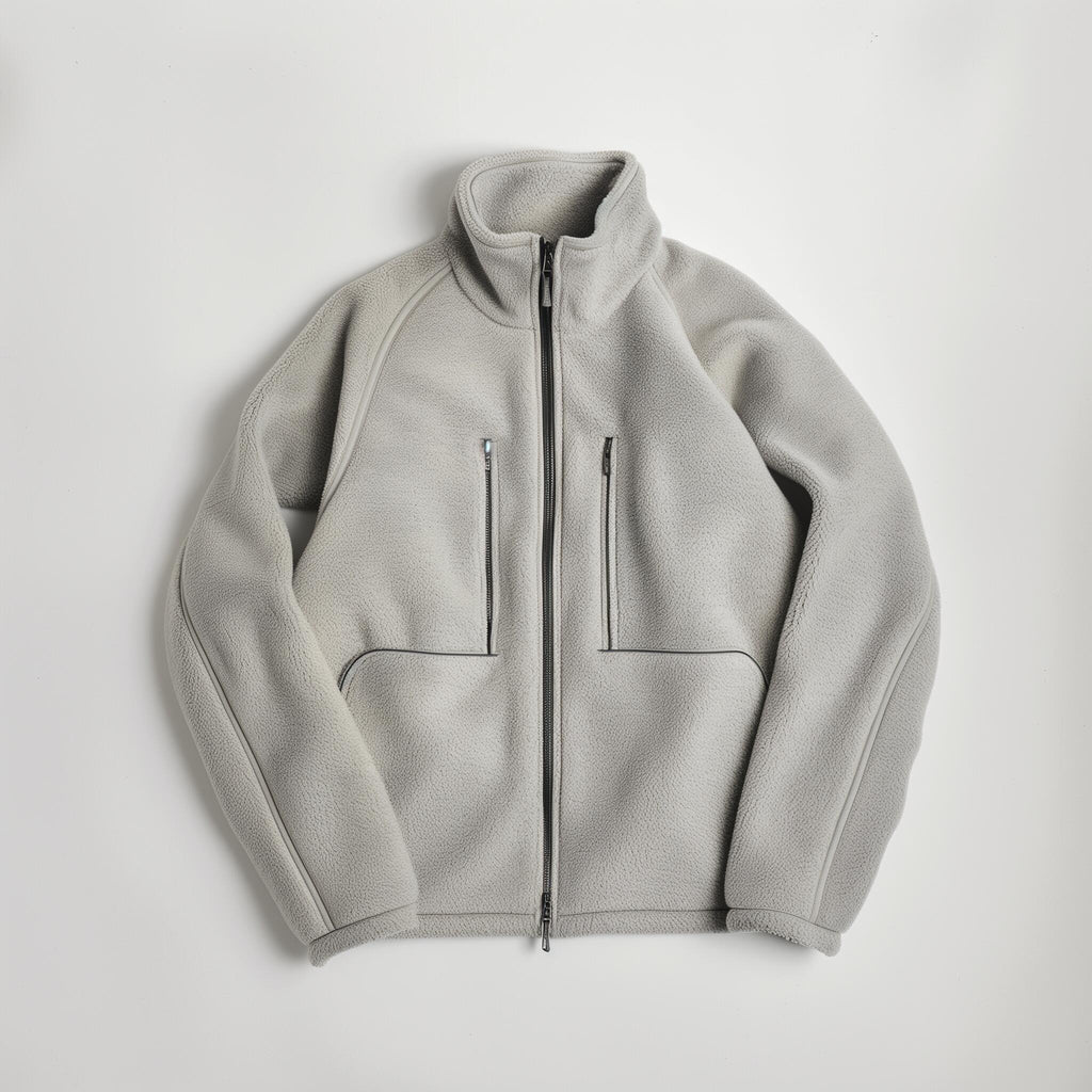 Light gray fleece jacket with high collar, full front zip, two zip chest pockets, and two side pockets—shown laid flat on white. Perfect for pairing with (Sample) Coconut Bar Soap or your favorite organic coconut oil.